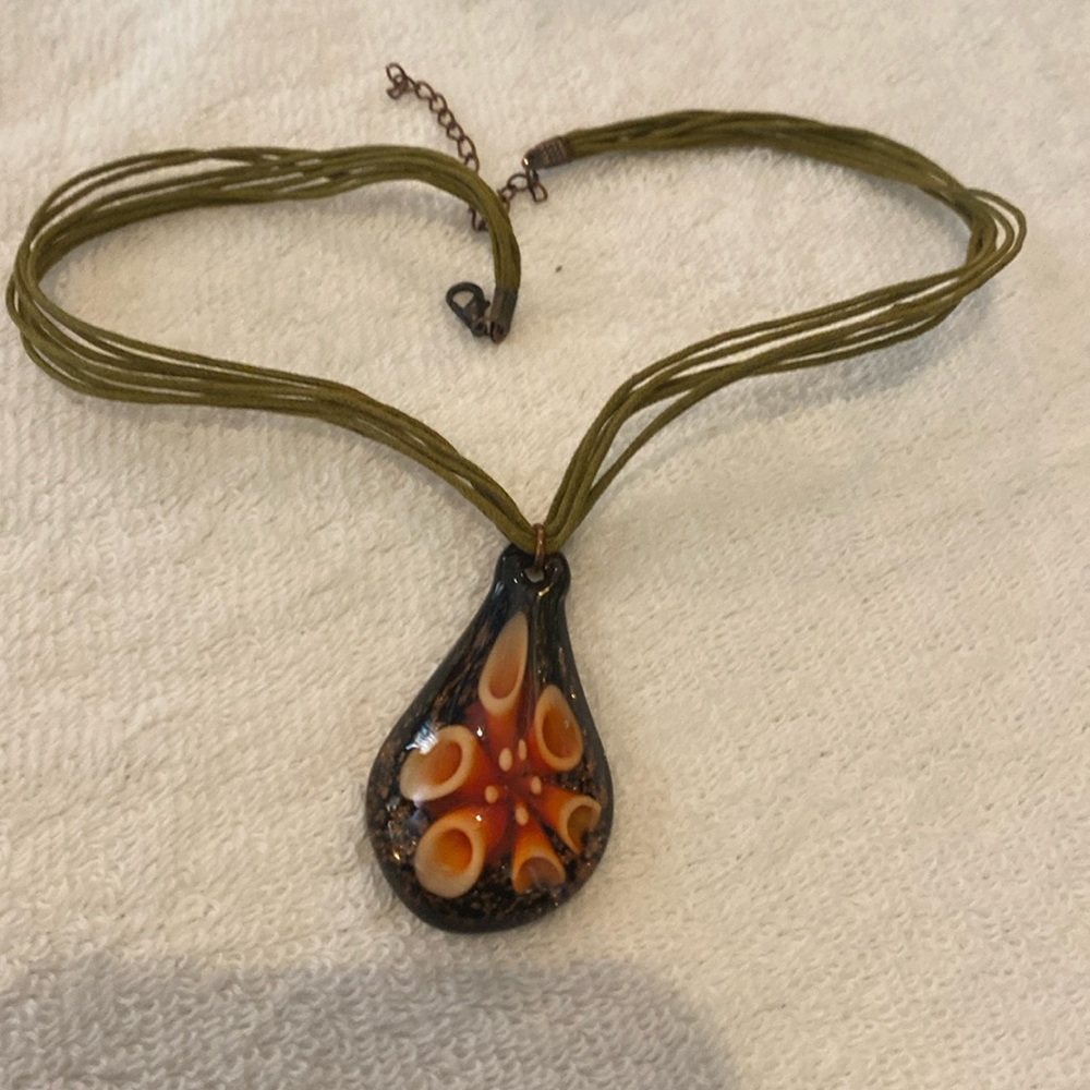 Vintage Murano Glass Pendant Necklace  golden glitter black peach pink